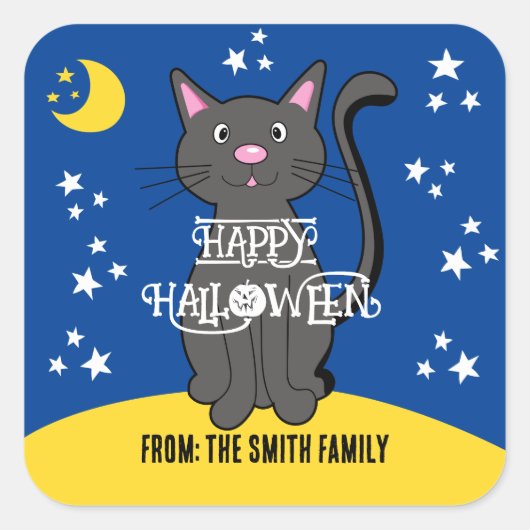 Black Cat Halloween Sterren Maan Schattige Kind Vierkante Sticker (Voorkant)