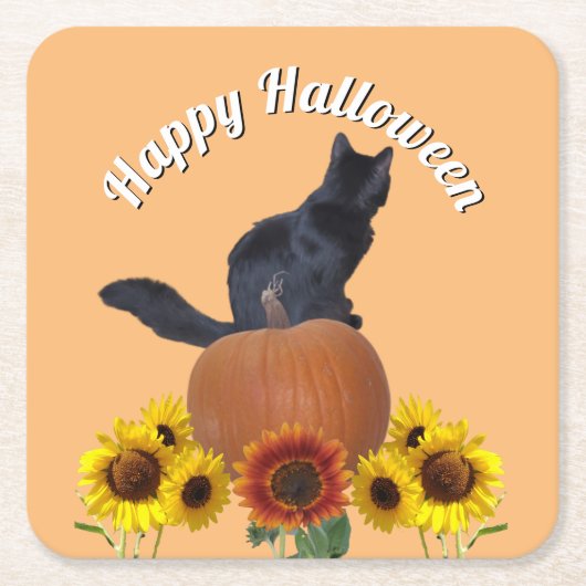 Black Cat Halloween Sunflowers Pumpkins Orange  Kartonnen Onderzetters (Voorkant)