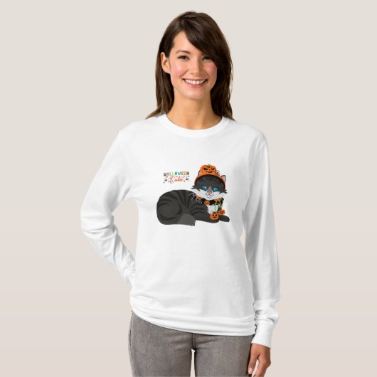 Black Cat Halloween Tee Shirt (Voorkant volledig)