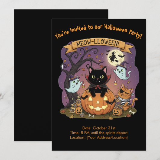 Black Cat Halloween Uitnodiging (Voorkant / Achterkant)