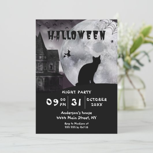 Black Cat Halloween uitnodiging (Staand voorkant)