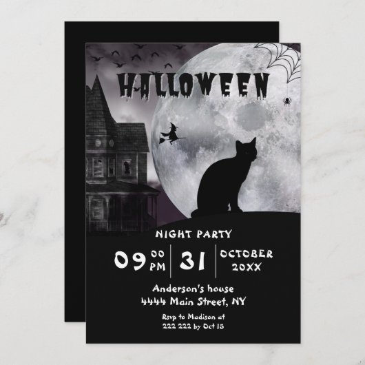 Black Cat Halloween uitnodiging (Voorkant / Achterkant)