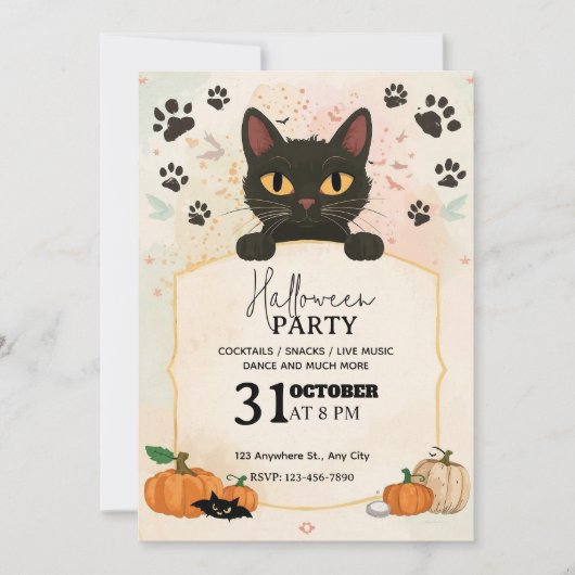 Black Cat Halloween Uitnodiging | Schattige & Spoo (Voorkant)
