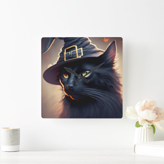 Black Cat Halloween Vierkante Klok (Huis)