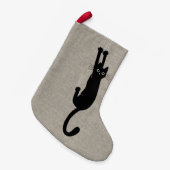 Black Cat Hanging On | Faux Linen Style Funny Kleine Kerstsok (Voorkant (Hangend))