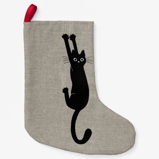 Black Cat Hanging On | Faux Linen Style Funny Kleine Kerstsok (Voorkant)