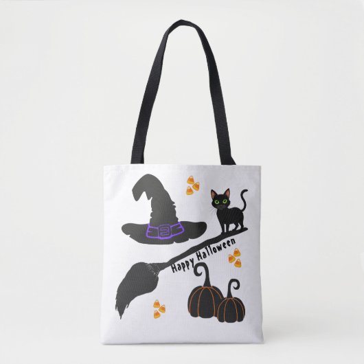 Black Cat Happy Halloween Gepersonaliseerde Canvas Tote Bag (Voorkant)
