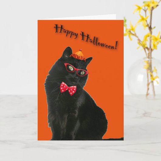 Black Cat Happy Halloween Kaart (Gele Bloem)