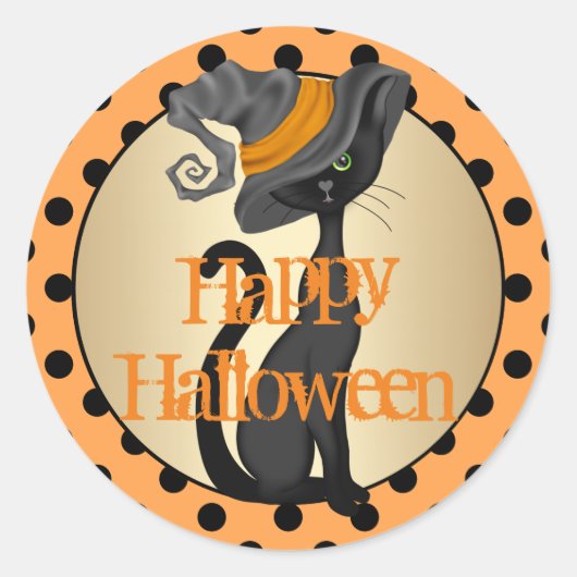 Black Cat Happy Halloween Ronde Sticker (Voorkant)
