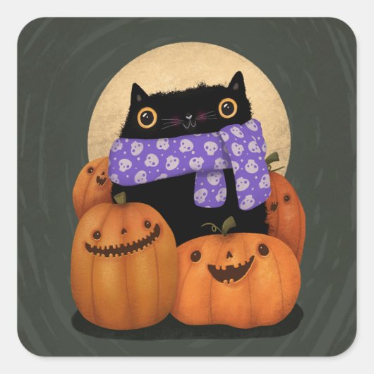 Black Cat Herfst Seizoen Gelukkig Halloween Vierkante Sticker (Voorkant)