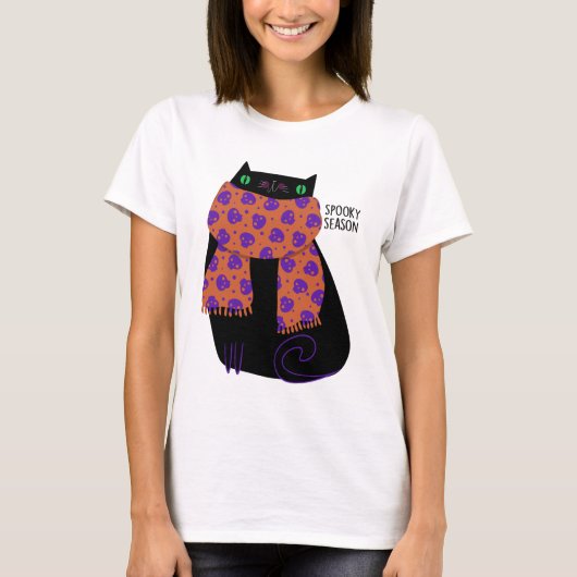 Black Cat Herfst Seizoen Halloween Spooky Schattig T-shirt (Voorkant)