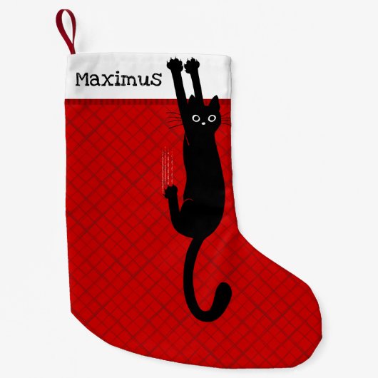 Black Cat Holding On Funny Christmas Stocking Kleine Kerstsok (Voorkant)
