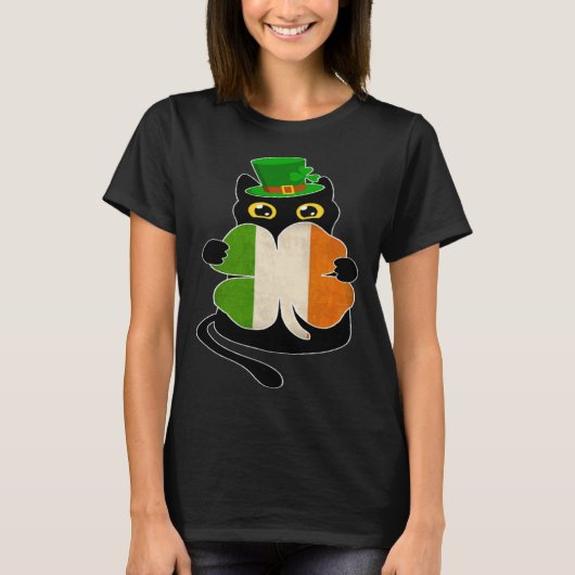 Black Cat Holding Shamrock Irish Flag St Patricks T-shirt (Voorkant)