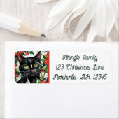 Black Cat & Holly Meowy Kerst Retouradres Etiket (Insitu)