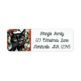 Black Cat & Holly Meowy Kerst Retouradres Etiket