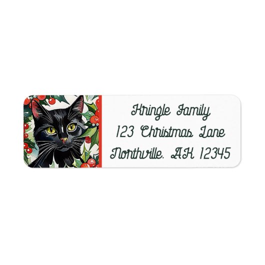 Black Cat & Holly Meowy Kerst Retouradres Etiket (Voorkant)