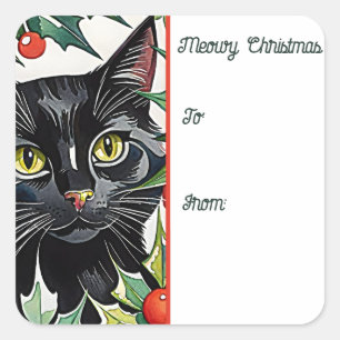 Black Cat & Holly Meowy Kerst sticker Gift Label
