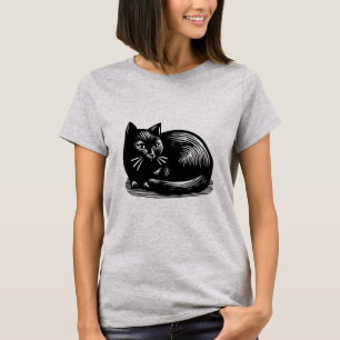 Black Cat houtsnede stijl T-shirt