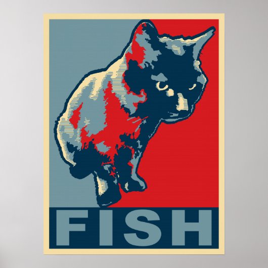 Black Cat Hungfor Fish - Pop Art Red & Blue Poster (Voorkant)
