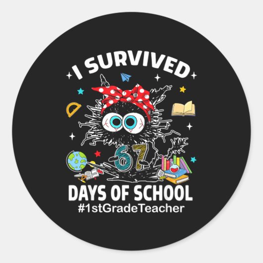 Black Cat I Survived 67 Days Of School 1st Grade T Ronde Sticker (Voorkant)