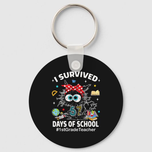 Black Cat I Survived 67 Days Of School 1st Grade T Sleutelhanger (Voorkant)