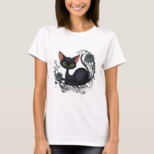 Black Cat in a Flower Cradle  T-shirt (Voorkant)