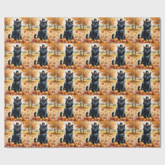 Black Cat in Autumn verlaat Thanksgiving Cadeaupapier (Vlak)