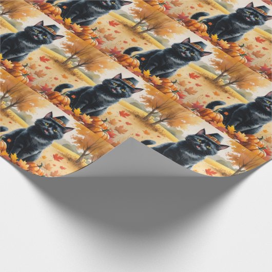 Black Cat in Autumn verlaat Thanksgiving Cadeaupapier (Hoek)