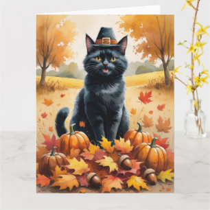 Black Cat in Autumn verlaat Thanksgiving Kaart