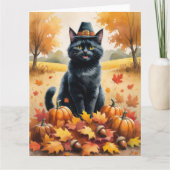Black Cat in Autumn verlaat Thanksgiving Kaart (Voorkant)