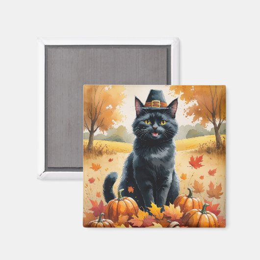 Black Cat in Autumn verlaat Thanksgiving Magneet (Voorkant / Achterkant)