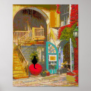 Black Cat in Court Yard Poster