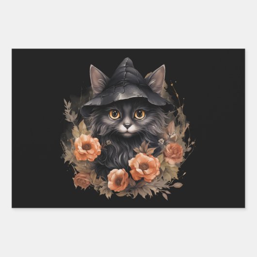 Black Cat in een Black Witch's Pet Halloween Inpakpapier Vel (Voorkant)