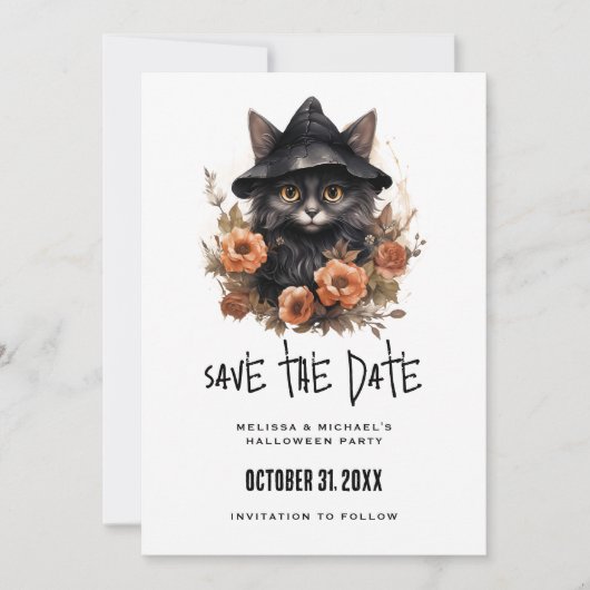 Black Cat in een Black Witch's Pet Halloween Save The Date (Voorkant)