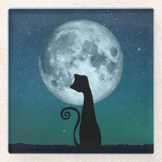 Black Cat in Moonlight Glass Onderzetter (Voorkant)
