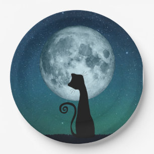 Black Cat in Moonlight Papieren Borden Bordje