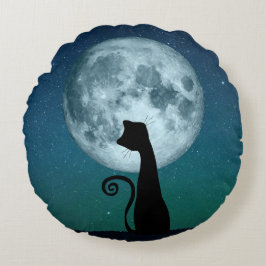 Black Cat in Moonlight Rond Sierkussen Kussen