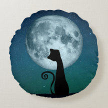 Black Cat in Moonlight Rond Sierkussen