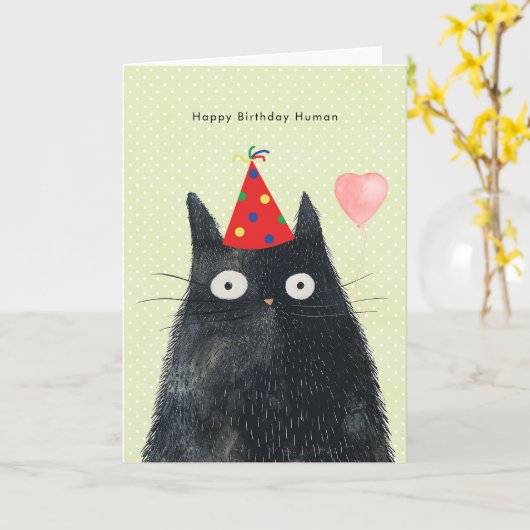 black cat in party hat funny birthday card kaart (Gele Bloem)