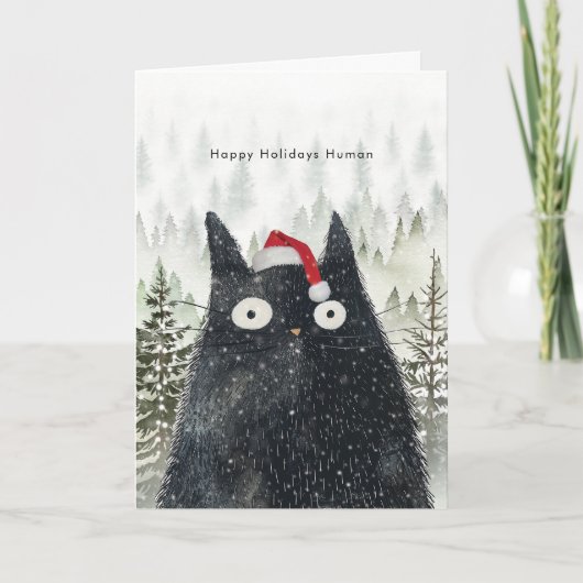 black cat in santa hat fun Holiday Christmas card Kaart (Voorkant)