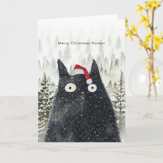 black cat in santa hat funny Christmas card Kaart (Gele Bloem)