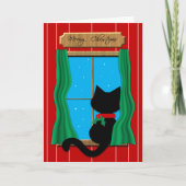 Black Cat in Snowy Window - Meowy Christmas Kaart (Voorkant)