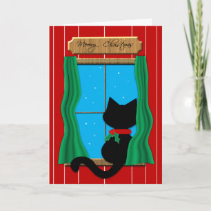 Black Cat in Snowy Window - Meowy Christmas Kaart