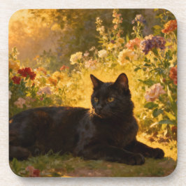 Black Cat in the Flowers I Bier Onderzetter