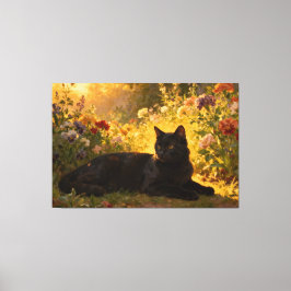 Black Cat in the Flowers I Canvas Afdruk