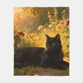Black Cat in the Flowers I Fleece Deken