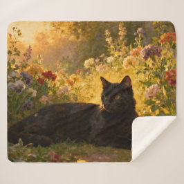 Black Cat in the Flowers I Sherpa Deken