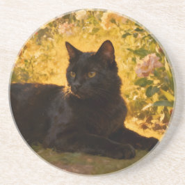 Black Cat in the Flowers I Zandsteen Onderzetter