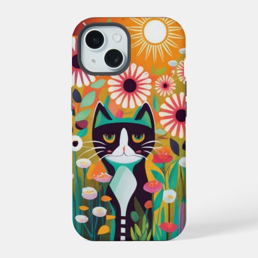 Black Cat in The Garden iPhone 15 Case (Achterkant)