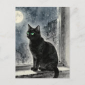 Black Cat in the Window on a Rainy Night Briefkaart (Voorkant)